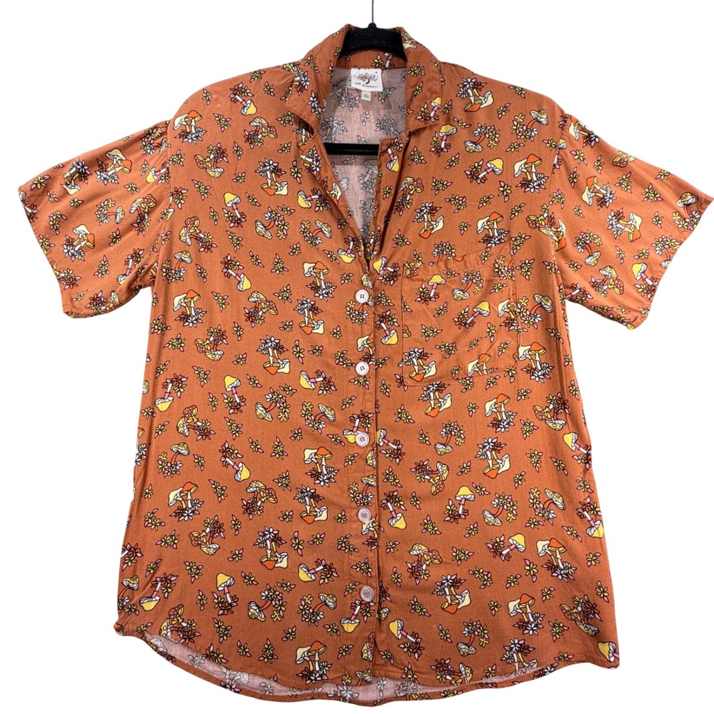 Self Esteem Mushroom Floral Rayon Button Up Shirt Small Orange Cottagecore Boho